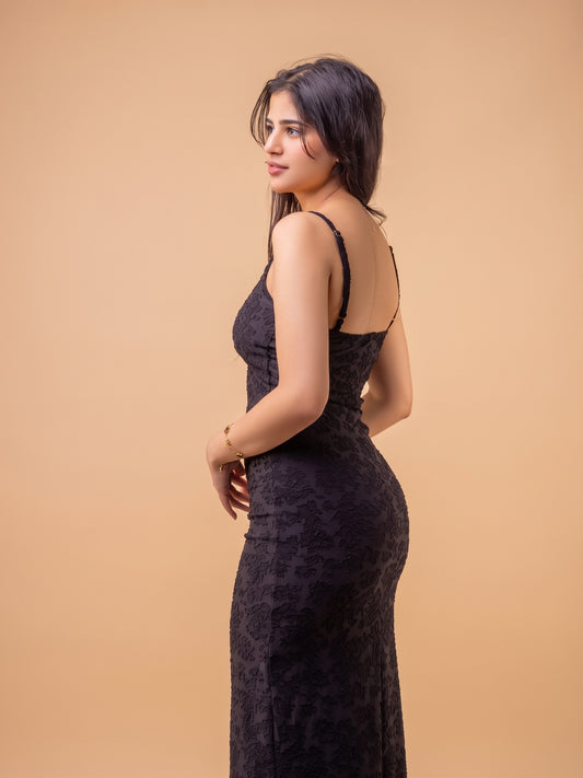 Textured Black Bodycon Maxi Dress: Spaghetti Strap Evening Gown