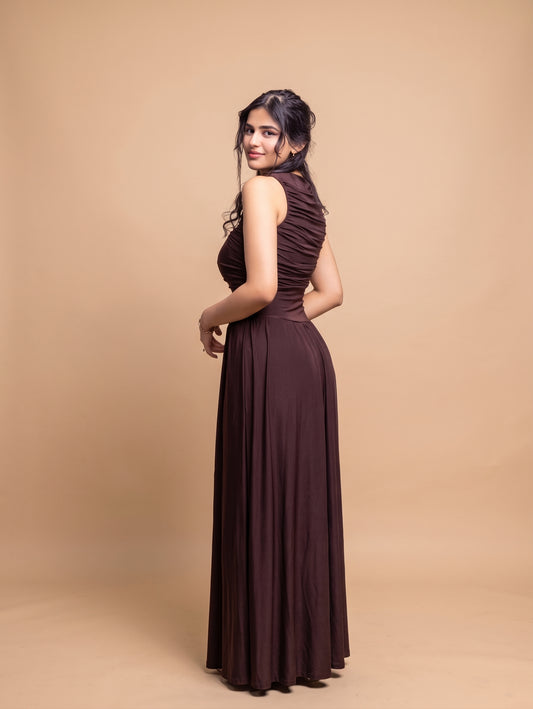 Brown Draped Bodice Jersey Flowy Skirt Style Evening Dress