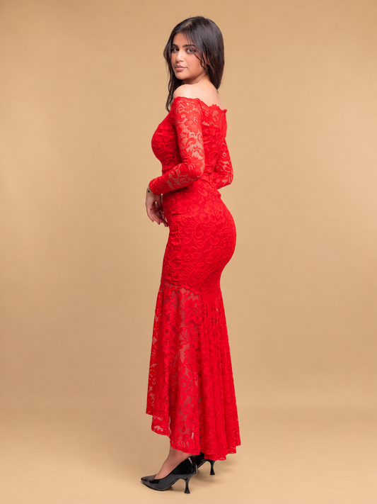 Red Floral Bodycon Lace Off-Shoulder Maxi Dress