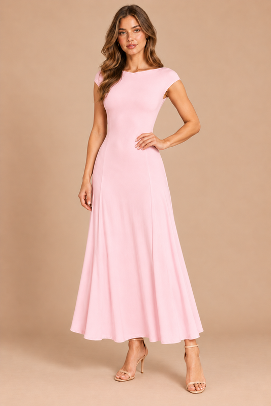 Three-quarter view of pink panelled floaty maxi dress
