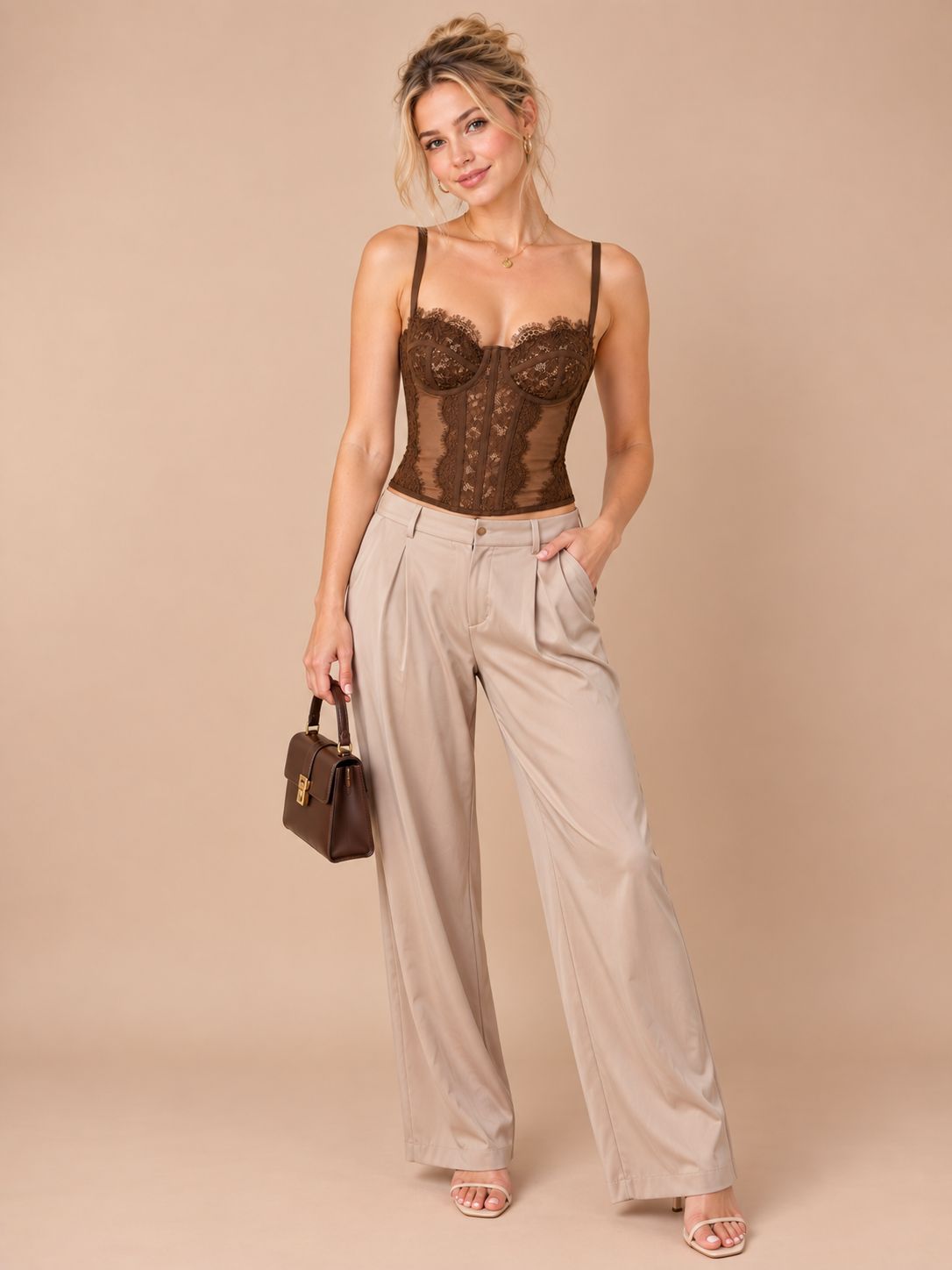 Chocolate Brown Lace Corset Top - Sheer Mesh Bustier Camisole