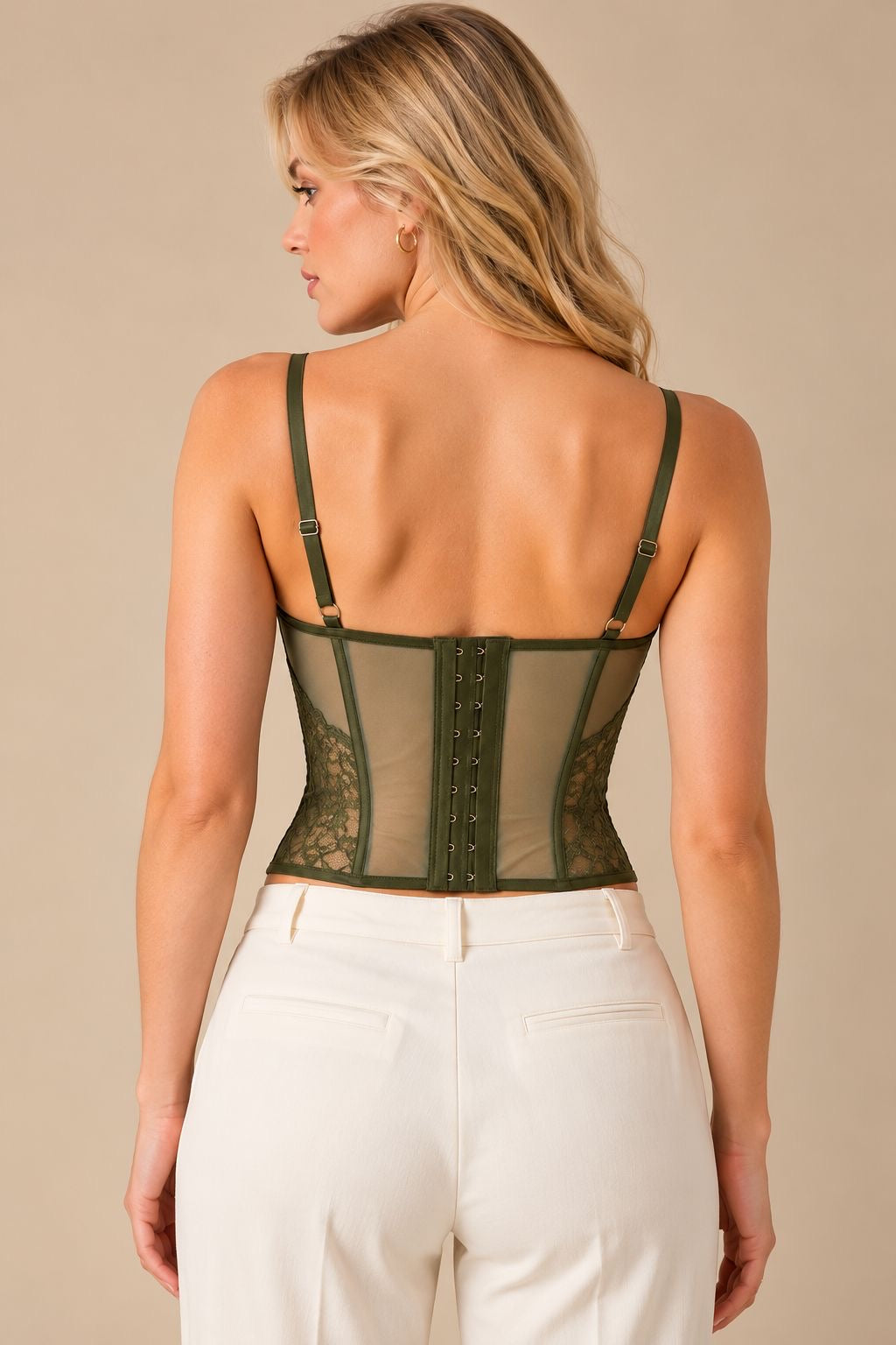 Sage Olive Sheer Lace Corset Top – Adjustable Strap Bustier