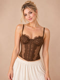 Chocolate Brown Lace Corset Top - Sheer Mesh Bustier Camisole