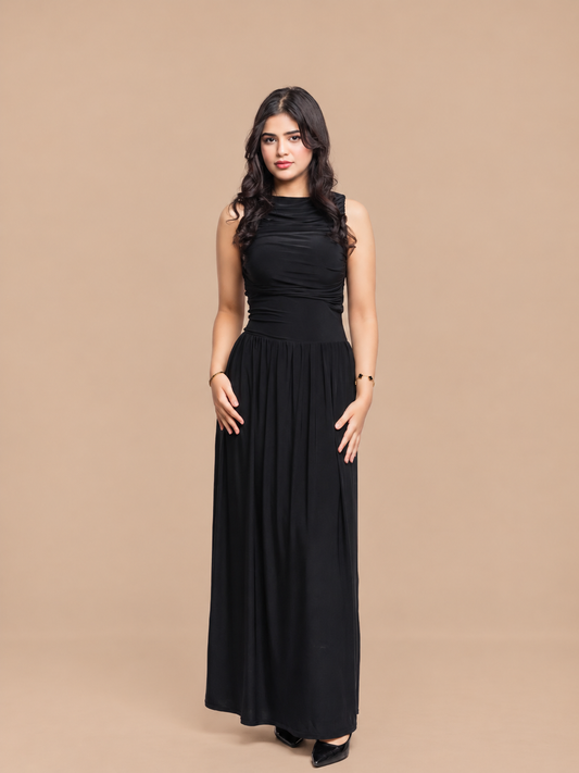 Black Draped Bodice Jersey Flowy Skirt Style Evening Dress