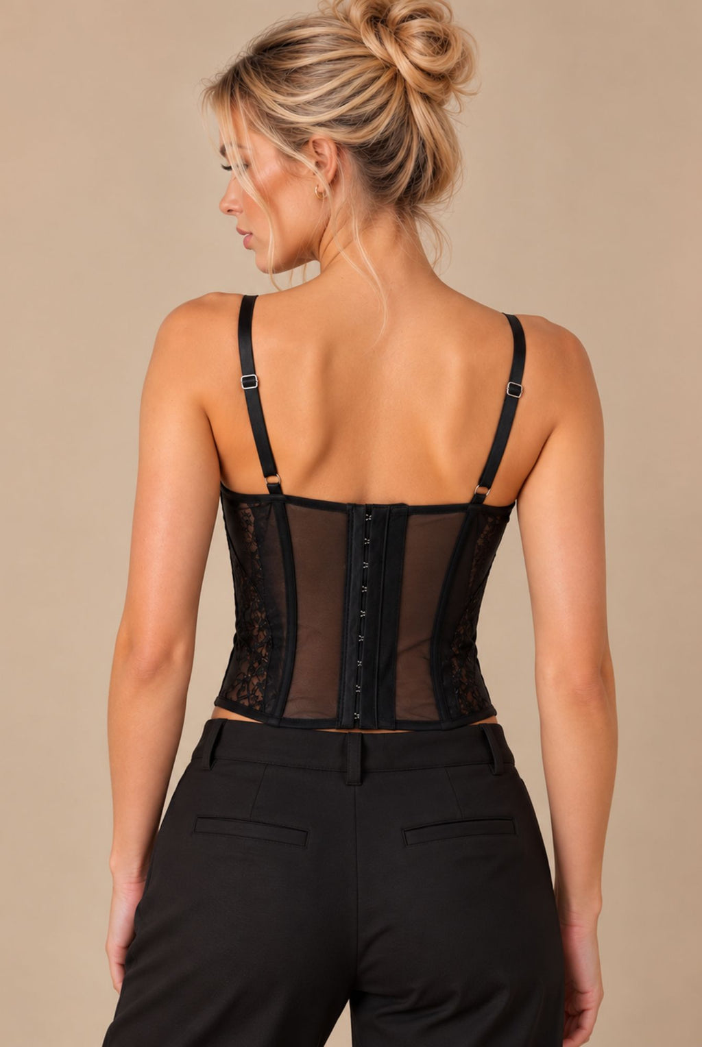 Black Lace Corset Top with Sheer Panels and Strappy Detail