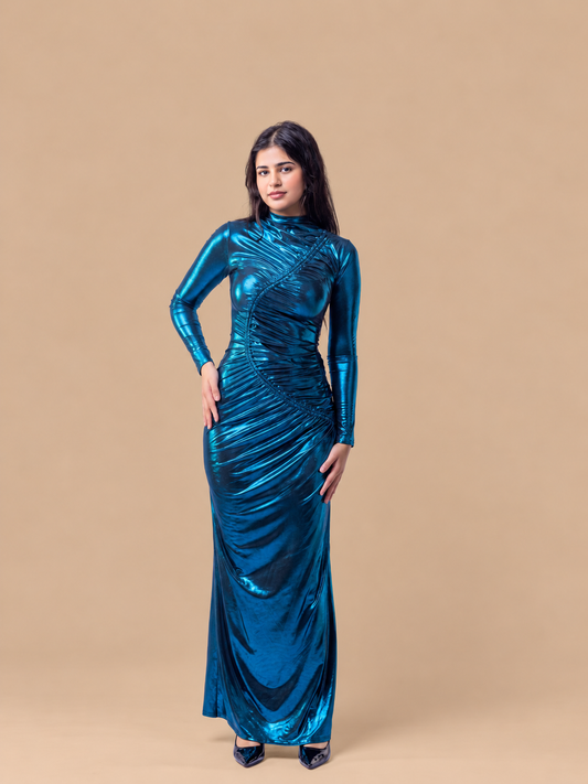 Black Petrol Venechia Foil Deep Tail Gathered Maxi Dress