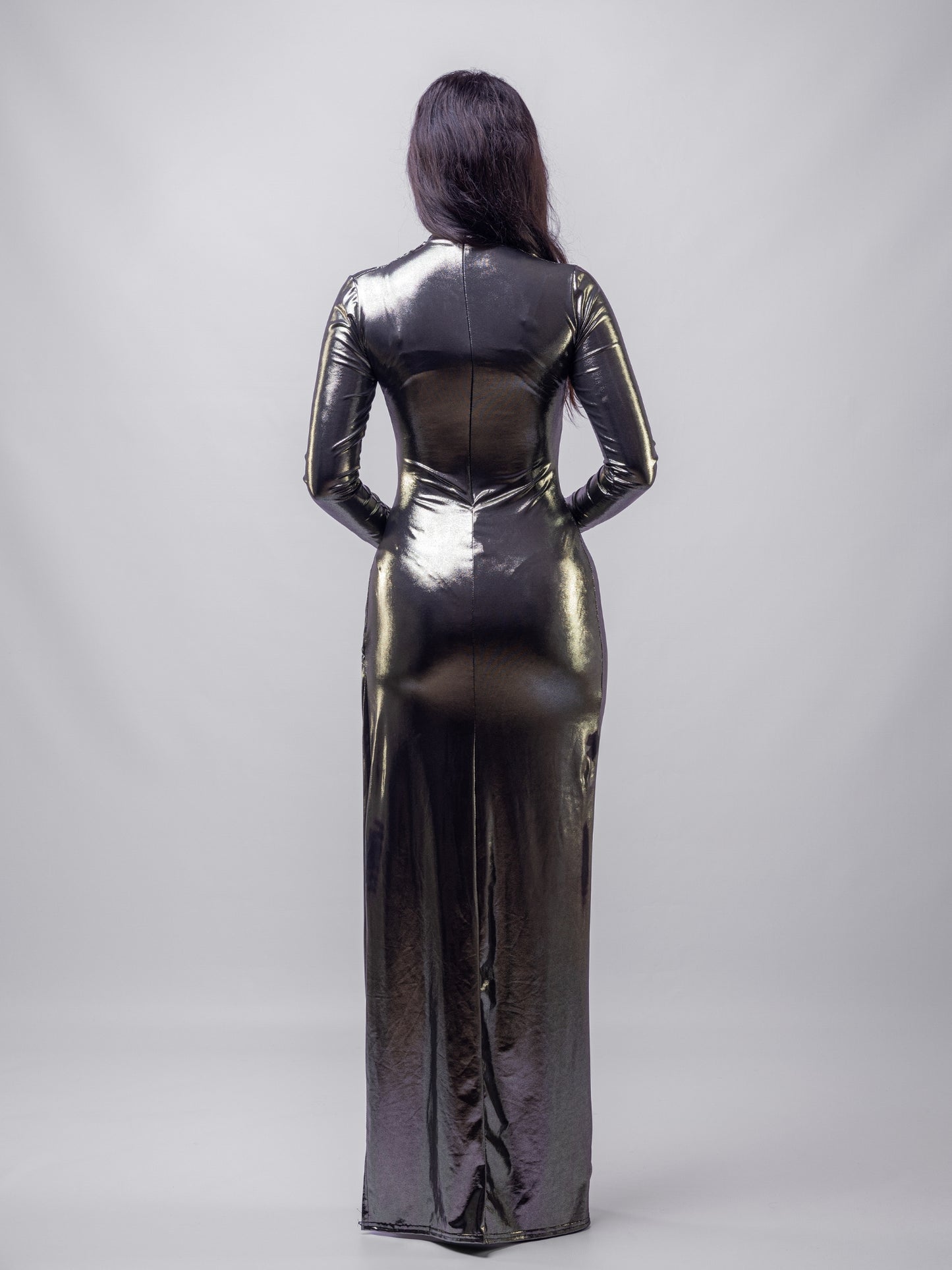 Black Gold Venechia Foil Deep Tail Gathered Maxi Dress