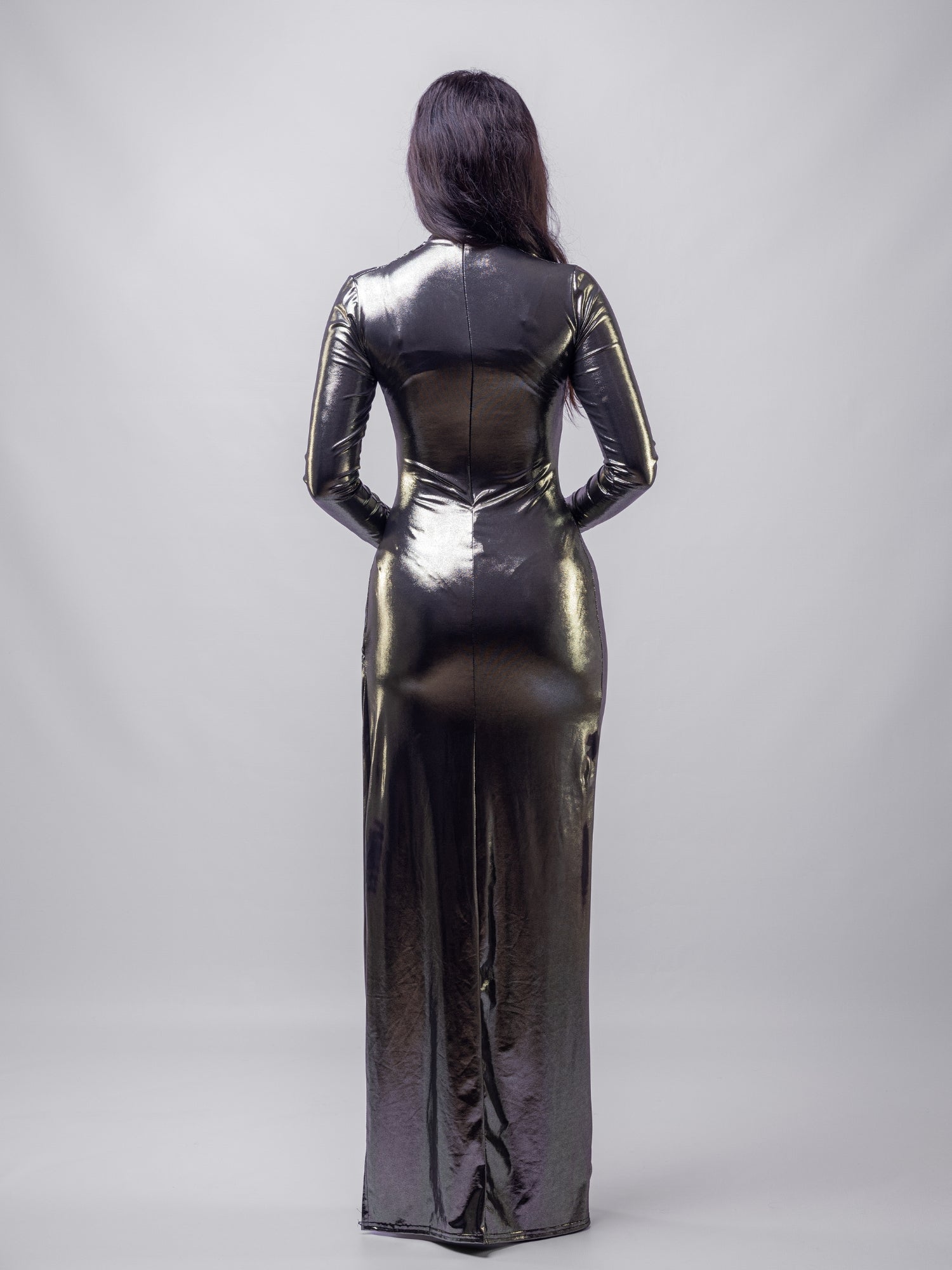 Black Gold Venechia Foil Deep Tail Gathered Maxi Dress