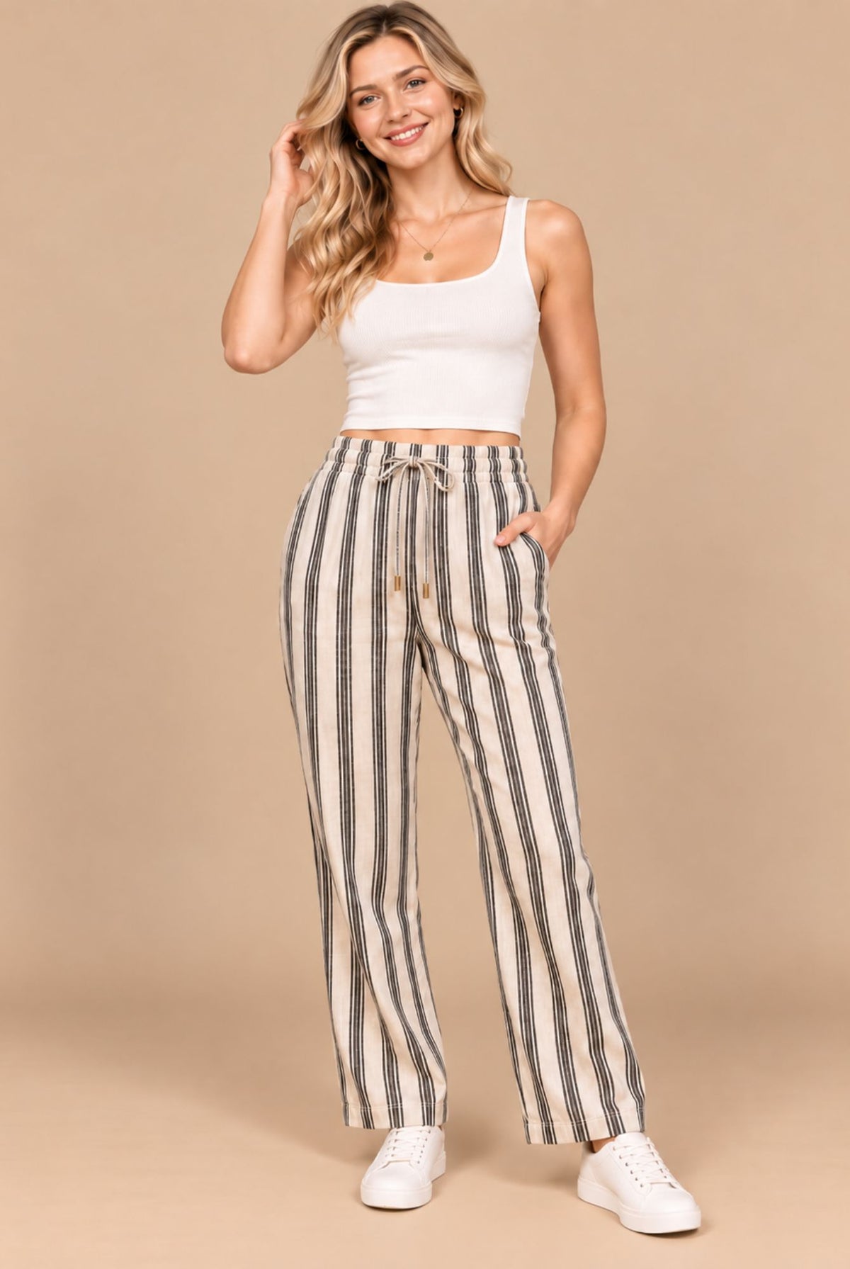 Black & White Striped Wide Leg Trousers with Drawstring Waist