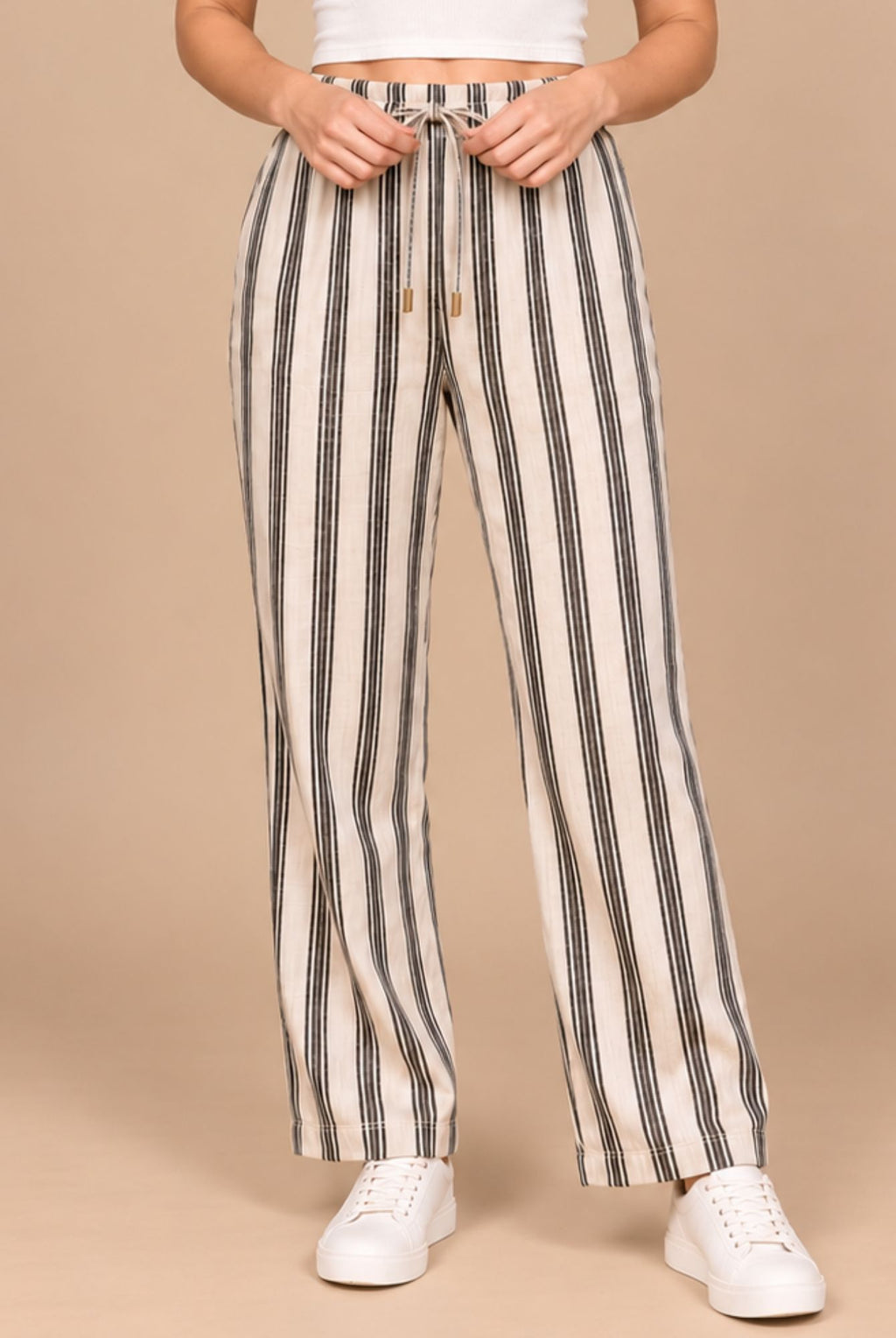 Black & White Striped Wide Leg Trousers with Drawstring Waist