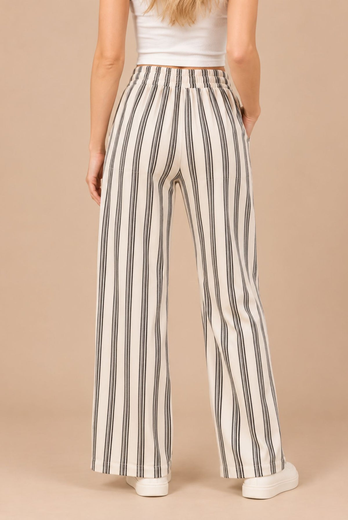 Black & White Striped Wide Leg Trousers with Drawstring Waist
