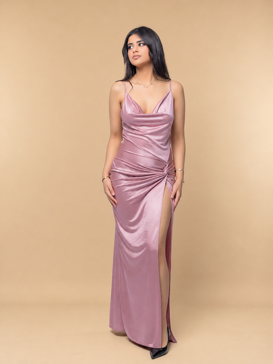 Blush Satin Cowl Neck Maxi Dress With Front Slit