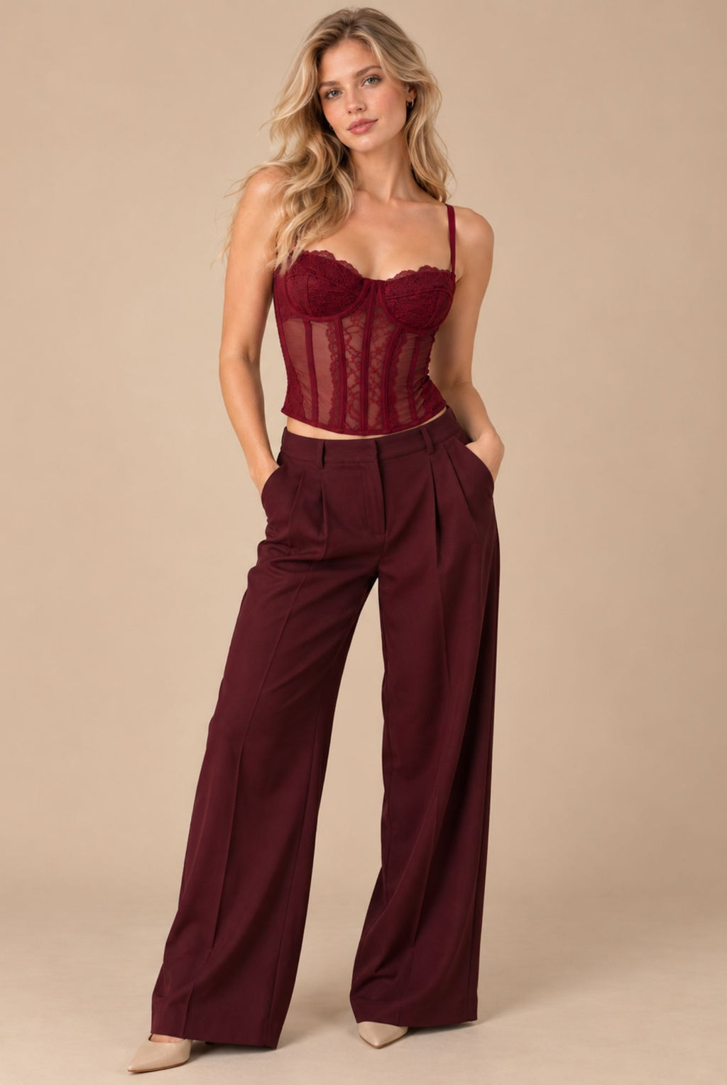 Burgundy Lace Corset Top with Sheer Panels and Adjustable Straps