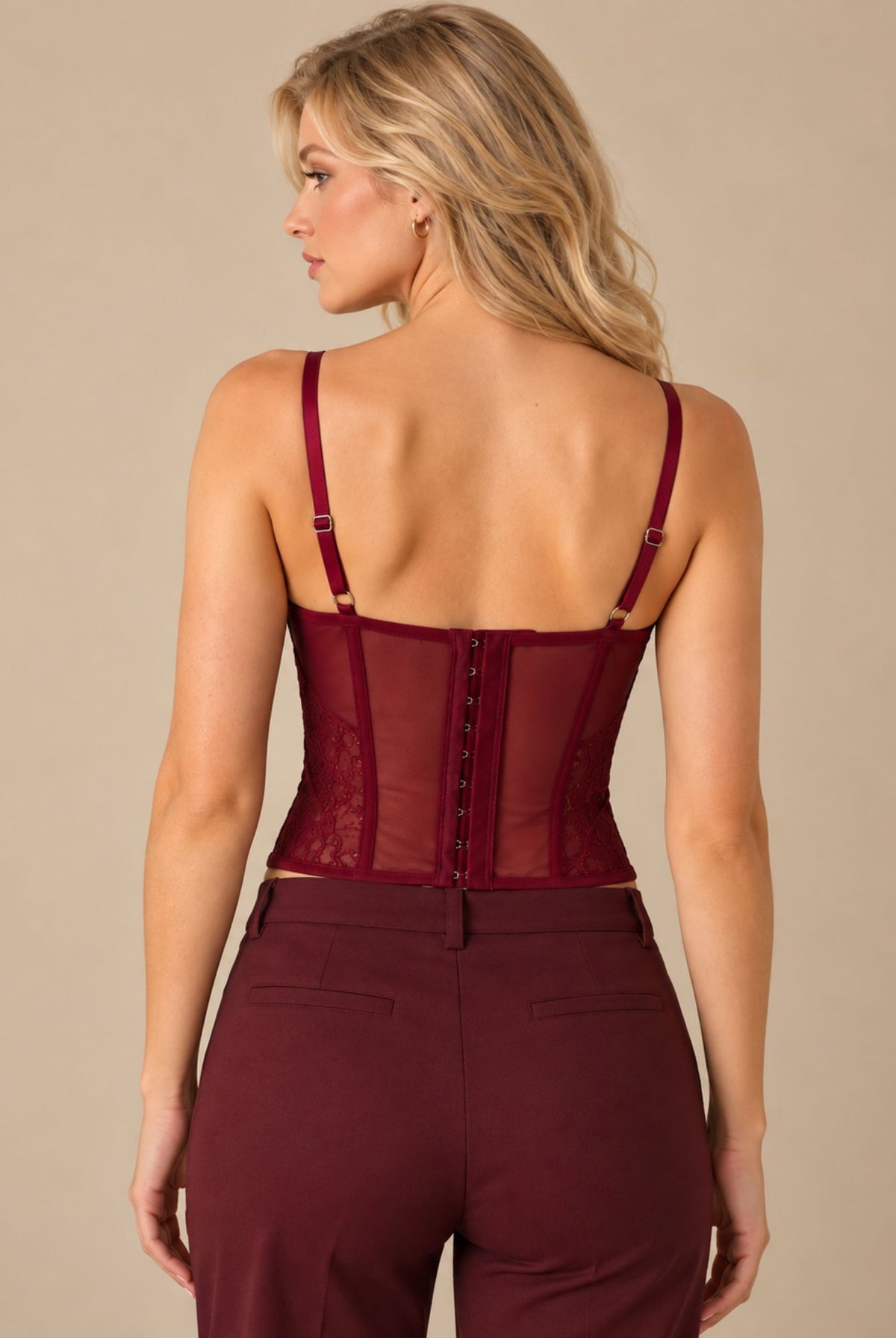 Burgundy Lace Corset Top with Sheer Panels and Adjustable Straps