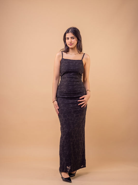 Textured Black Bodycon Maxi Dress: Spaghetti Strap Evening Gown