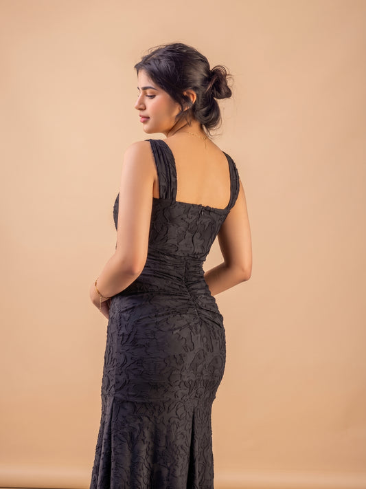 The Sculpted Mermaid Gown: Black Ruched Hi-Low Evening Dress