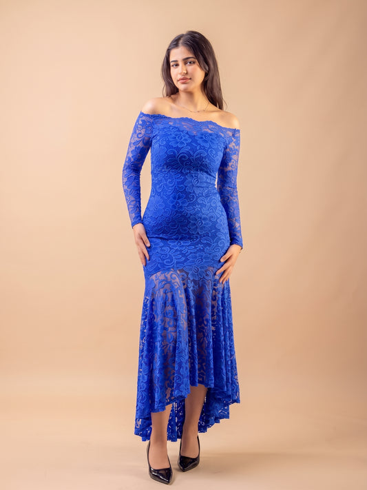 Royal Blue Floral Bodycon Lace Off-Shoulder Maxi Dress