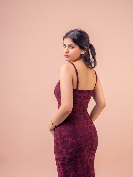 Rich Wine Red Jacquard Maxi Dress – Thin Strap Formal Evening Gown