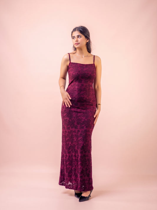Rich Wine Red Jacquard Maxi Dress – Thin Strap Formal Evening Gown