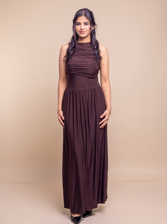 Brown Draped Bodice Jersey Flowy Skirt Style Evening Dress