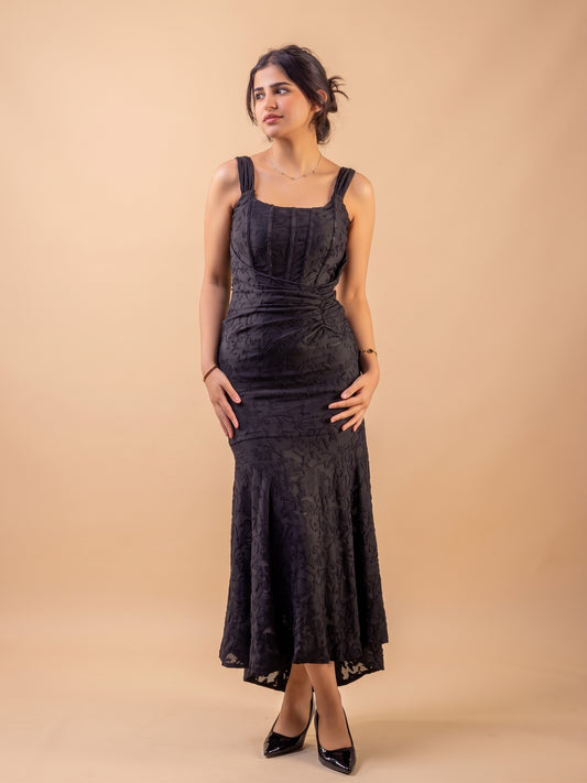 The Sculpted Mermaid Gown: Black Ruched Hi-Low Evening Dress