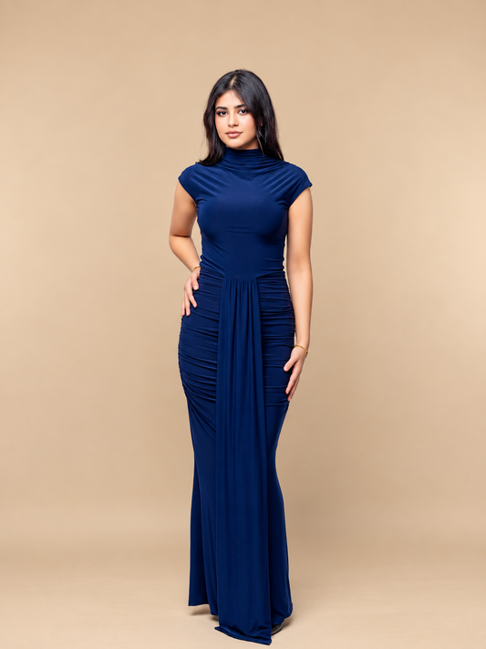Navy Cap Sleeve Jersey Ruched Waist Maxi Style Evening Gown