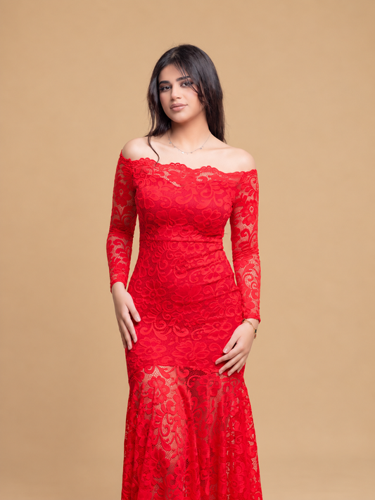 Red Floral Bodycon Lace Off-Shoulder Maxi Dress