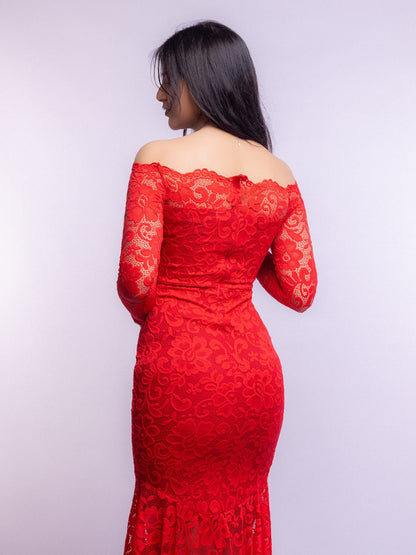 Red lace dress worn by a person on a light gray background