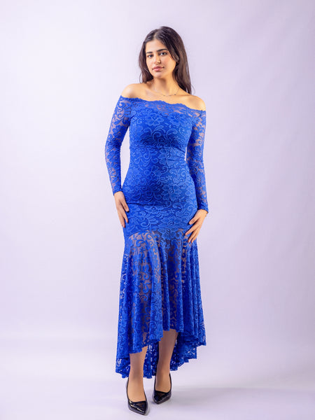 Royal Blue Floral Bodycon Lace Off-Shoulder Maxi Dress – Weird Label