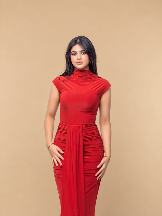 Rust Cap Sleeve Jersey Ruched Waist Maxi Style Evening Gown
