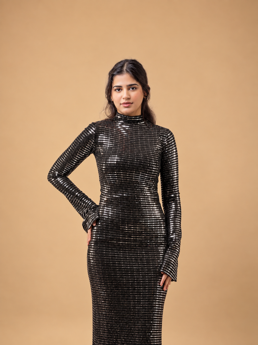 Silver Stripped Nylon Metallic Sequin Long Sleeve Bodycon Maxi Dress