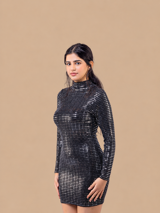 Silver Stripped Nylon Metallic Sequin Long Sleeve Bodycon Mini Dress