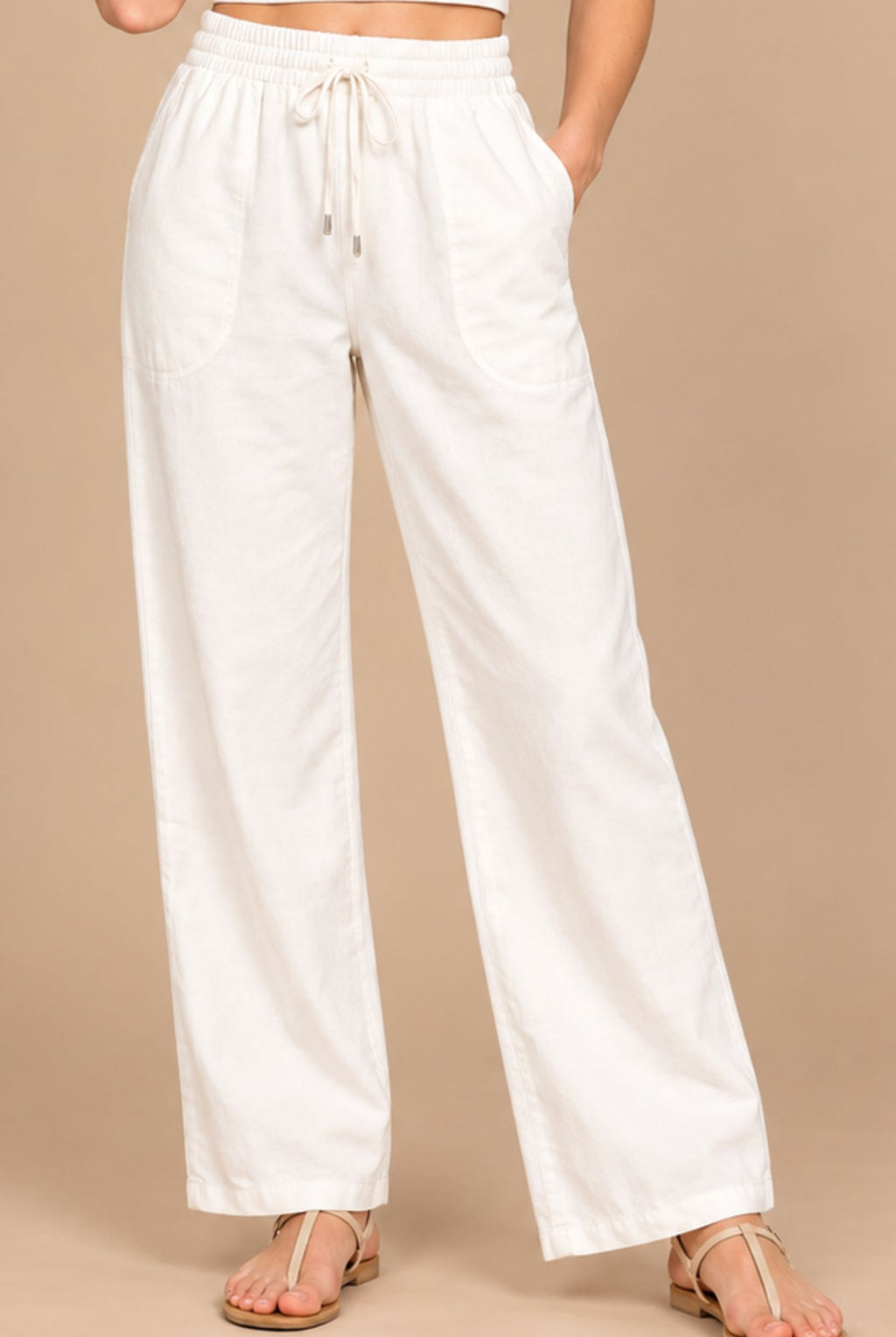White Wide Leg Trousers with Elasticated Waist and Pockets