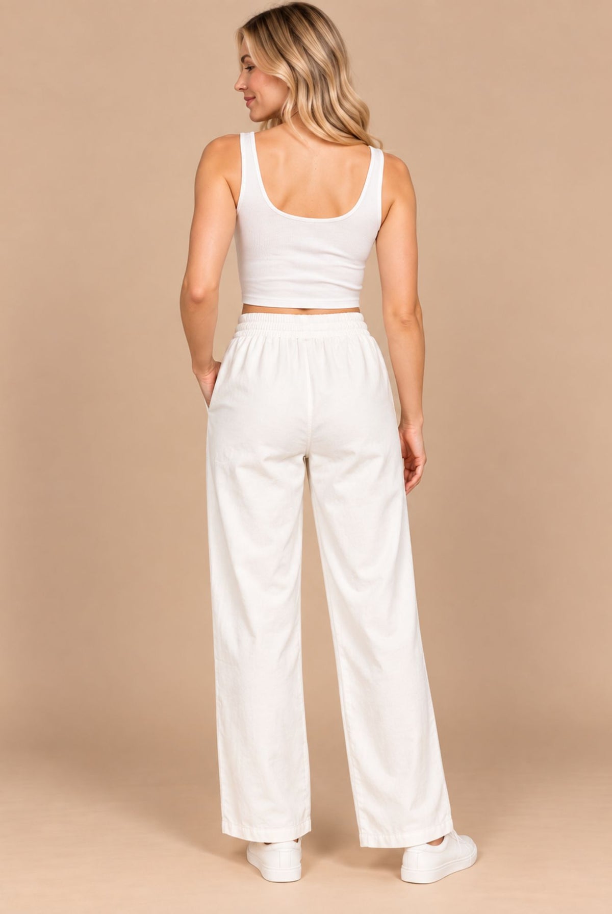 White Wide Leg Trousers with Elasticated Waist and Pockets