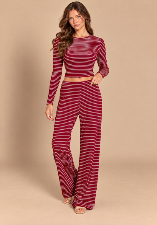 Burgundy striped long-sleeve crop top and wide-leg trouser co-ord, full-length view