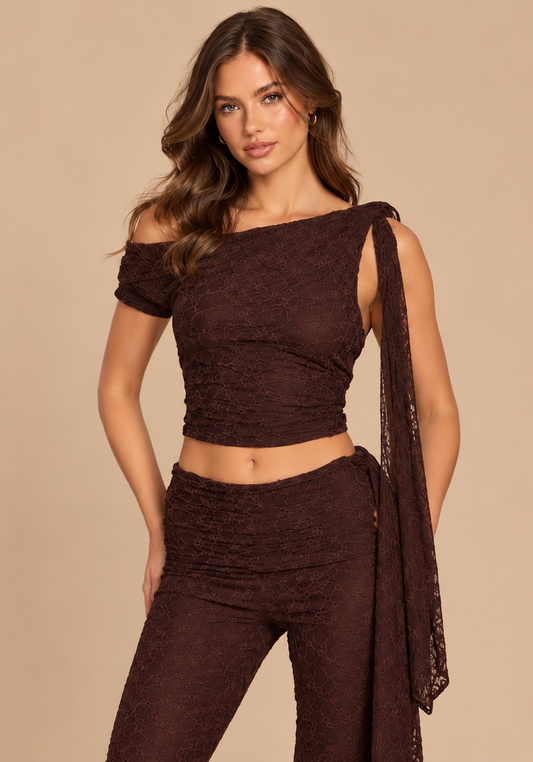 Chocolate brown lace asymmetric crop top and matching cropped trousers, front view