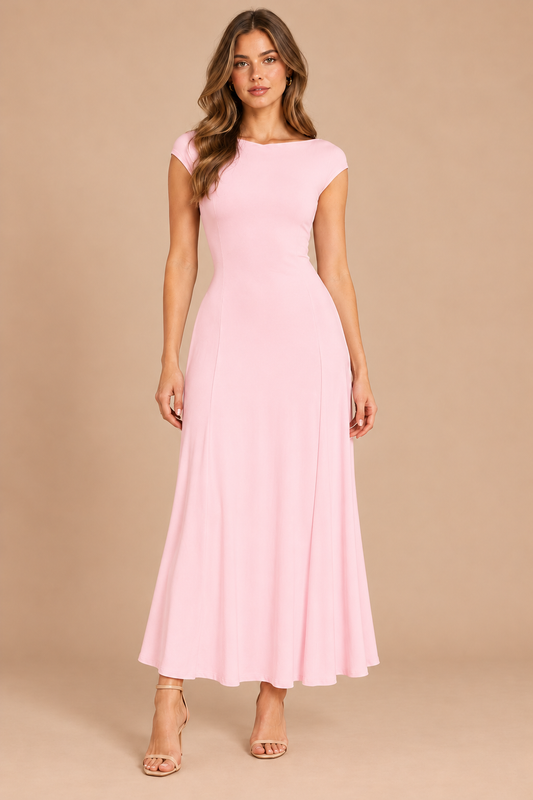 Front view of pink asymmetric neck panelled maxi dress with cap sleeves