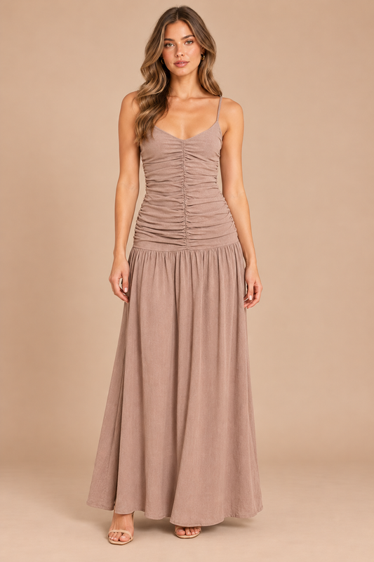 Front view of taupe linen-look maxi dress with ruched bodice and thin straps